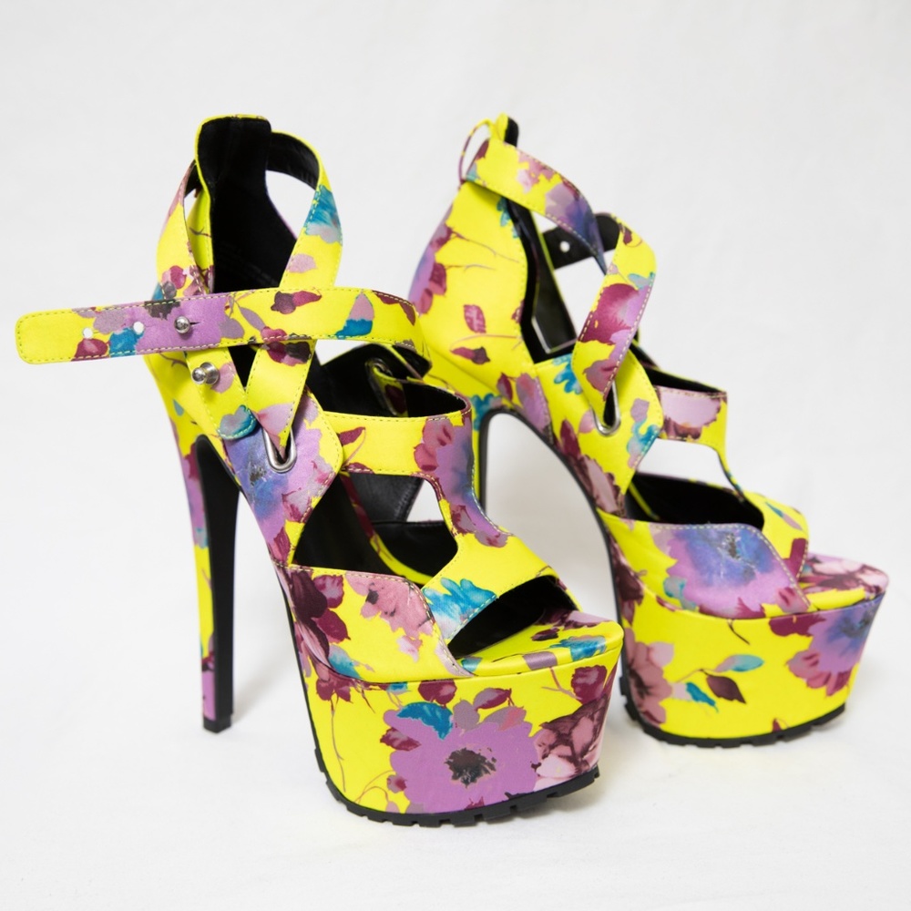 Jennifer Chou Neon Yellow Flower Print Stilettos